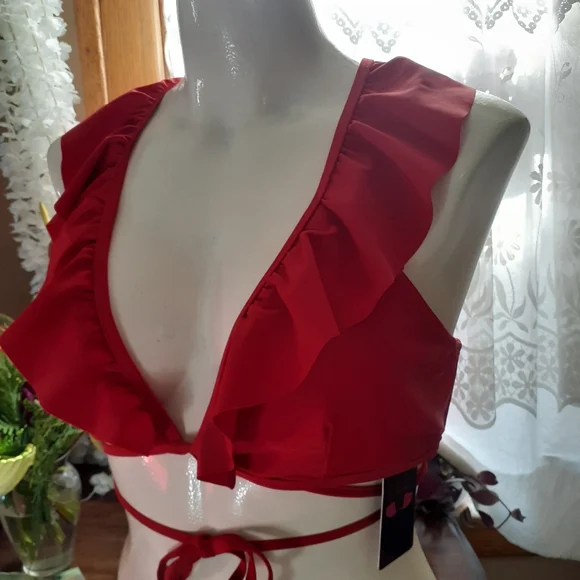 Two NWT Red Ruffle Bikini Tops Large - Picture 4 of 16